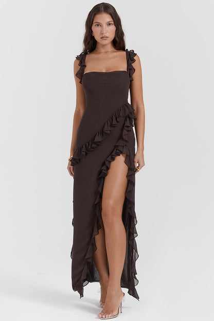 Dalia | Ruffle Trim Sleeveless High Slit Maxi Dress