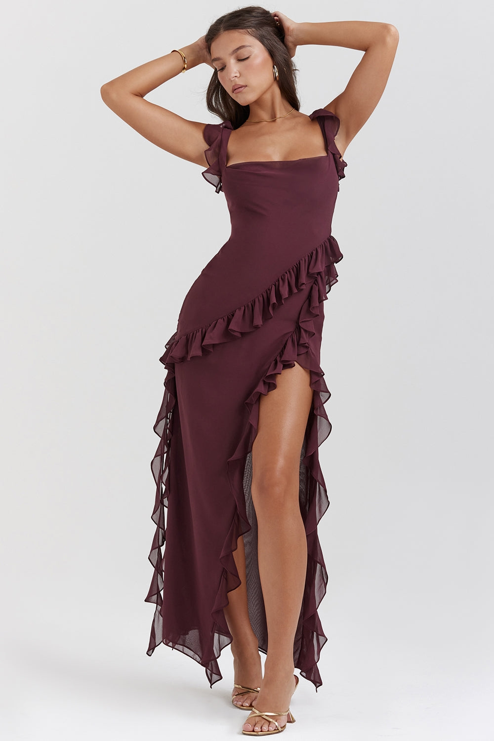 Dalia | Ruffle Trim Sleeveless High Slit Maxi Dress