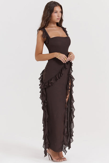 Dalia | Ruffle Trim Sleeveless High Slit Maxi Dress