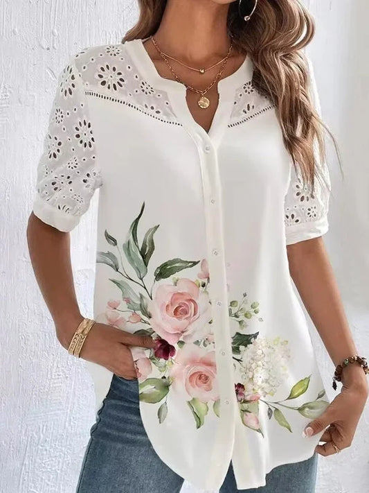 Zoila | Floral Print Eyelet Sleeve Button Blouse