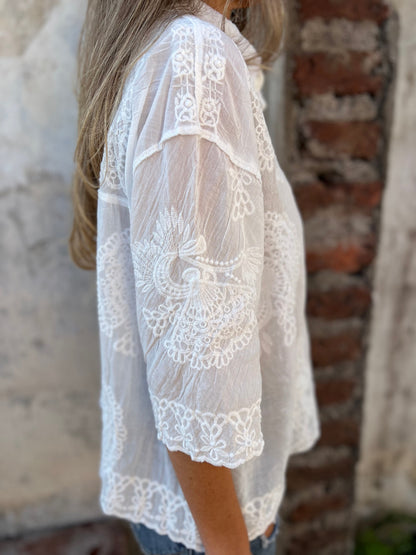 Nalini | White Lace Embroidered Button Front Blouse