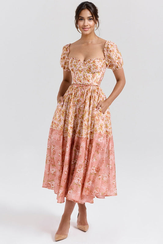 Mellie | Floral Puff Sleeve Sweetheart Midi Dress
