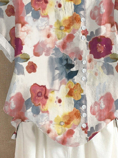 Zendaya | Blouse Multicolor Floral Short Sleeve Button Up