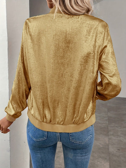 Marla | Metallic Long Sleeve Zip Bomber Jacket