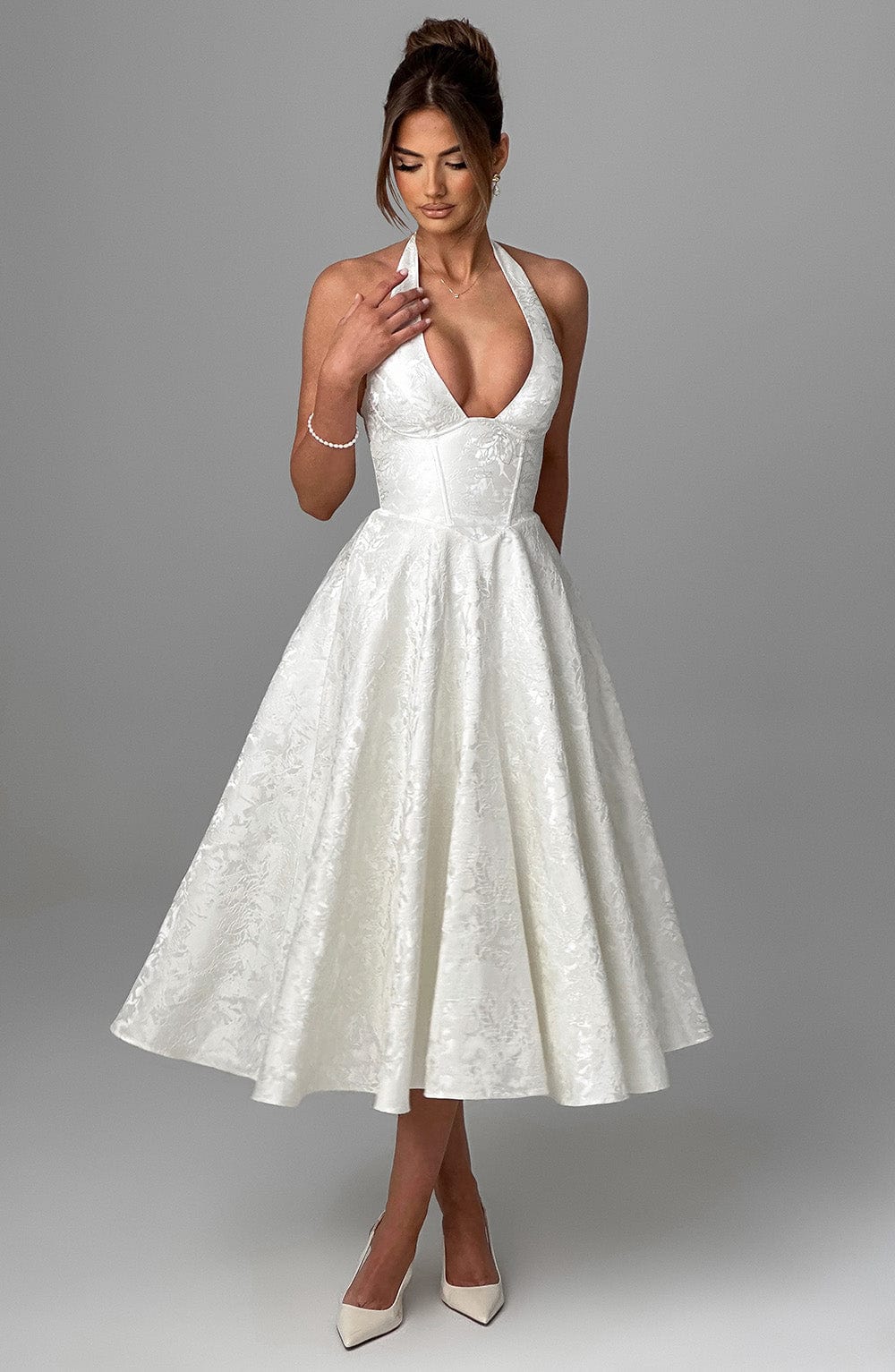 Myra | Halter Neck Jacquard Midi Dress