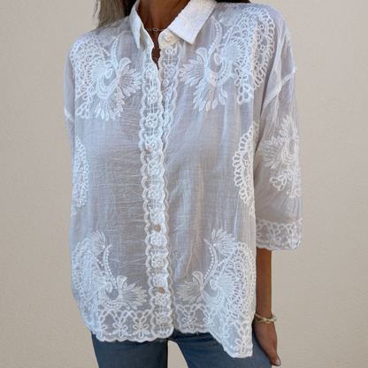 Nalini | White Lace Embroidered Button Front Blouse