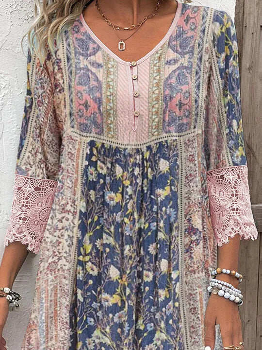 Tegan | Floral Print Lace Trim Midi Dress