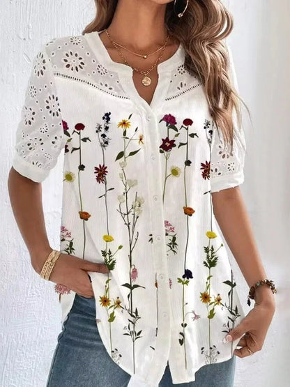 Zoila | Floral Print Eyelet Sleeve Button Blouse