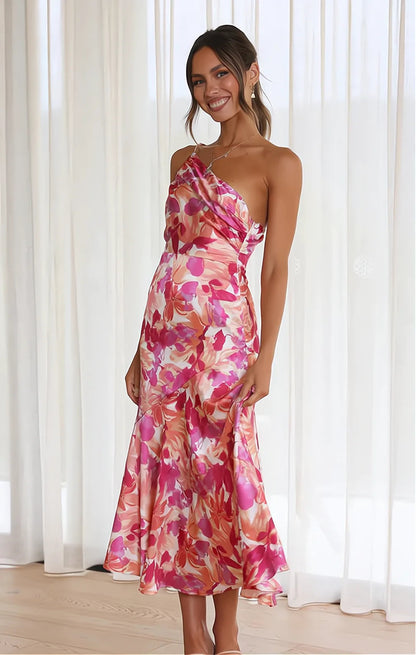 Cynthia | Floral Satin One Shoulder Midi Dress