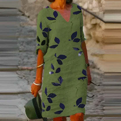 Zadie | Leaf Print V-Neck Midi Dress