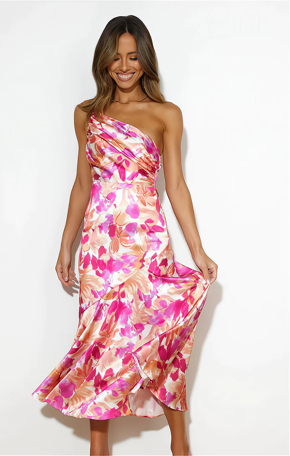 Cynthia | Floral Satin One Shoulder Midi Dress
