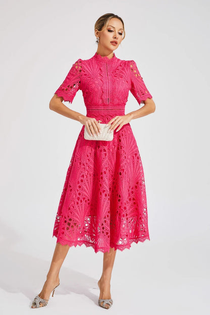 Vorelle | Lace Midi Dress High Neck Short Sleeve