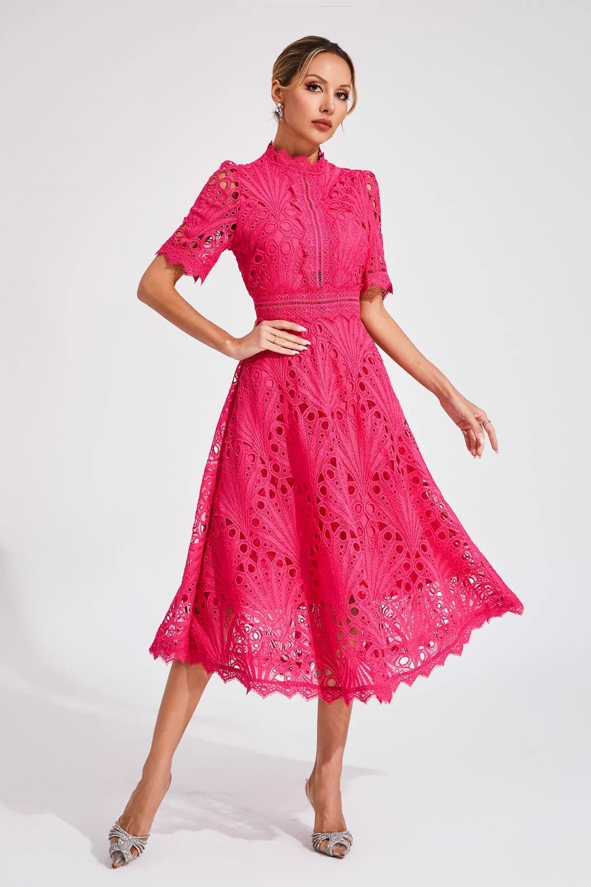 Vorelle | Lace Midi Dress High Neck Short Sleeve