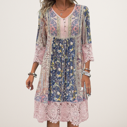 Tegan | Floral Print Lace Trim Midi Dress