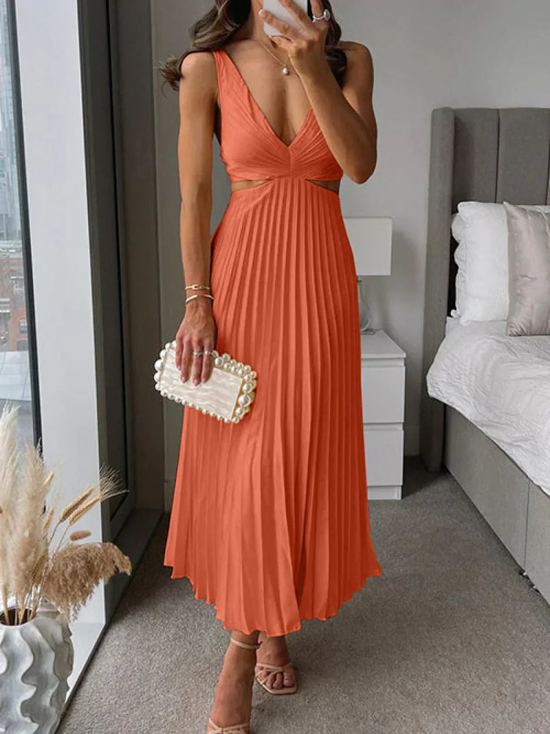 Zampia | Sleeveless Pleated V-Neck Maxi Dress