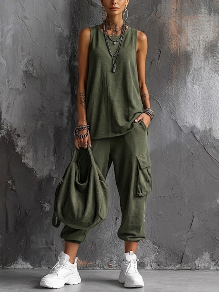 Leina | Sleeveless Tank Top Cargo Jogger Set