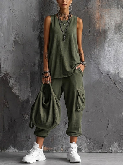 Leina | Sleeveless Tank Top Cargo Jogger Set