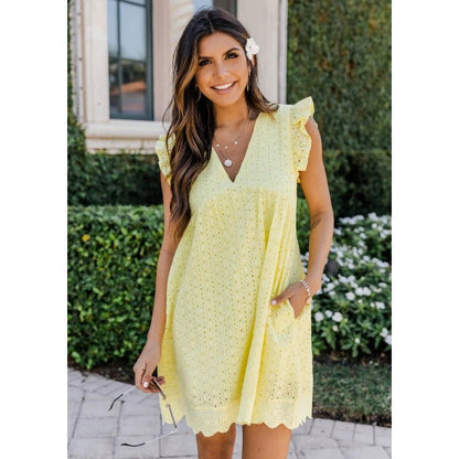 Eduarda | Eyelet V Neck Flutter Sleeve Dress