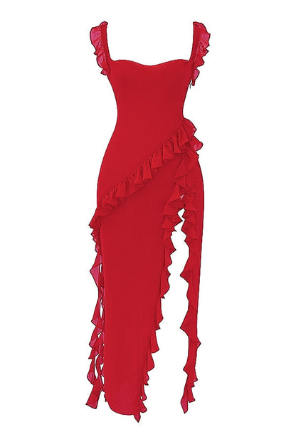 Dalia | Ruffle Trim Sleeveless High Slit Maxi Dress