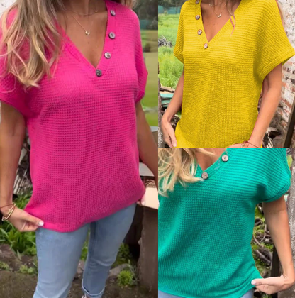 Lindse | Short Sleeve V Neck Button Top