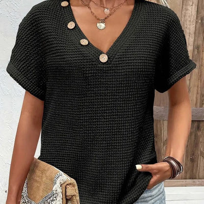 Lindse | Short Sleeve V Neck Button Top