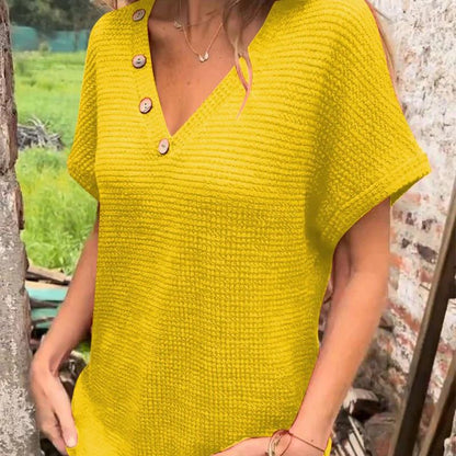 Lindse | Short Sleeve V Neck Button Top