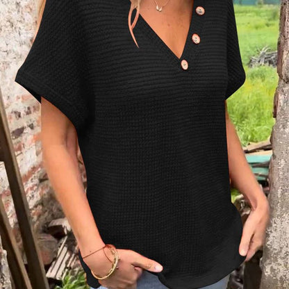 Lindse | Short Sleeve V Neck Button Top