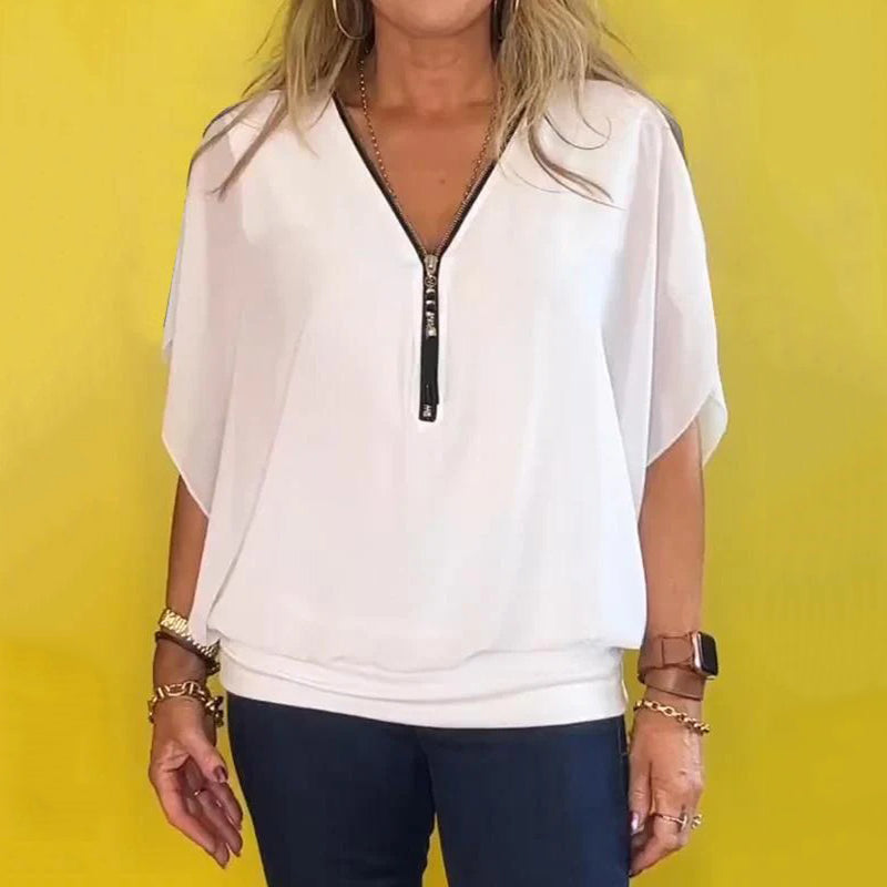 Shauna | Chiffon Look Zip Neck Blouse