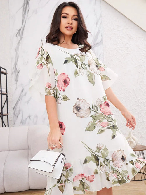 Merita | Floral Chiffon Short Sleeve Midi Dress