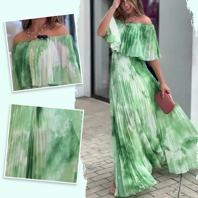 Vinelia | Off Shoulder Pleated Printed Maxi Dress