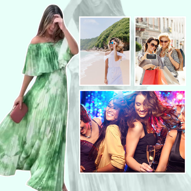 Vinelia | Off Shoulder Pleated Printed Maxi Dress