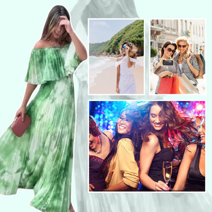 Vinelia | Off Shoulder Pleated Printed Maxi Dress