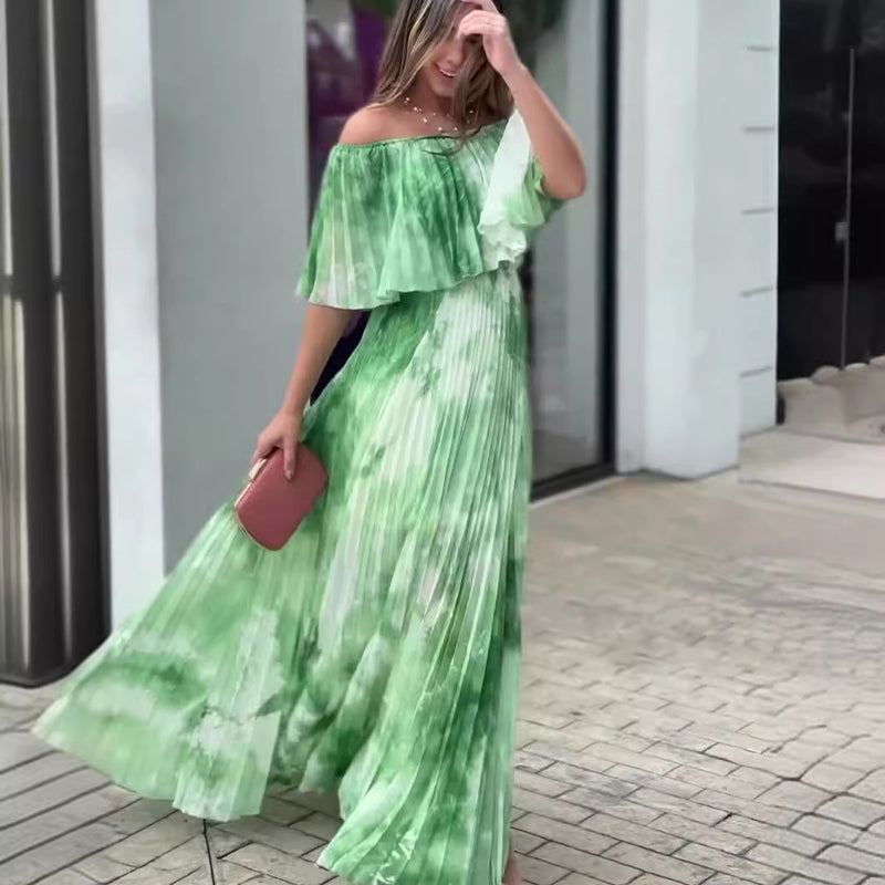 Vinelia | Off Shoulder Pleated Printed Maxi Dress