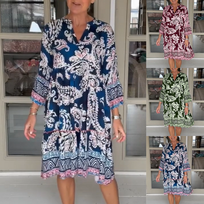 Viloura | V Neck Floral Print Midi Dress