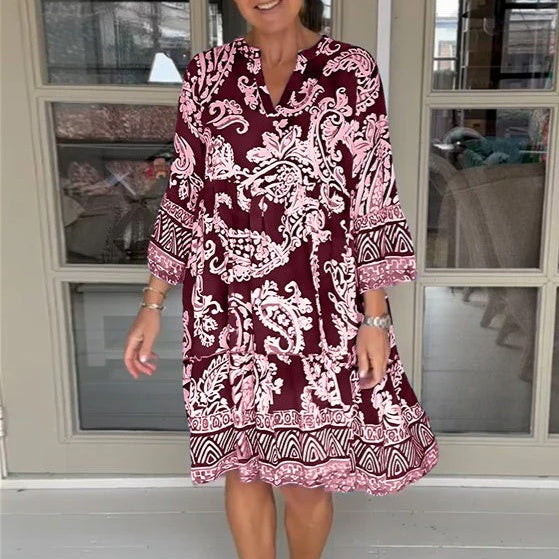 Viloura | V Neck Floral Print Midi Dress