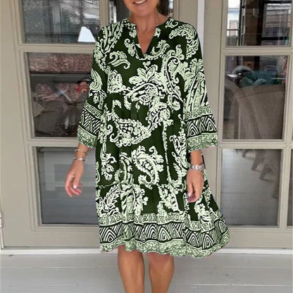 Viloura | V Neck Floral Print Midi Dress