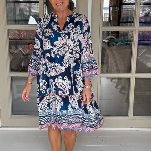 Viloura | V Neck Floral Print Midi Dress