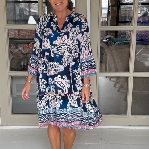 Viloura | V Neck Floral Print Midi Dress