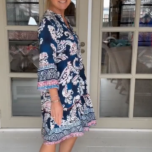 Viloura | V Neck Floral Print Midi Dress
