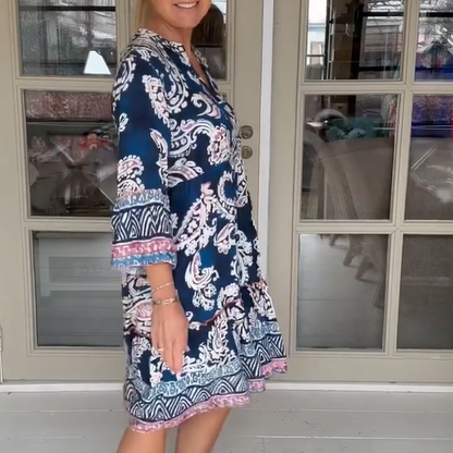 Viloura | V Neck Floral Print Midi Dress